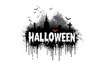 Halloween text with graveyard tombstones and flying bats spooky illustration on white background.