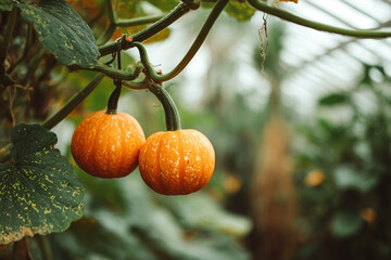 Hanging ornaments: Miniature pumpkins adorn vines in a lush greenhouse setting