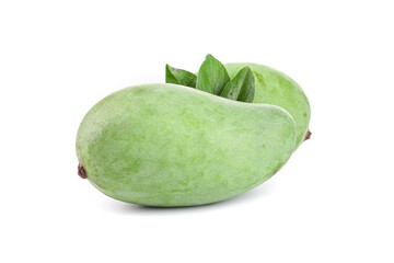Raw Green Hainan Mangoes with Leaves on White Background