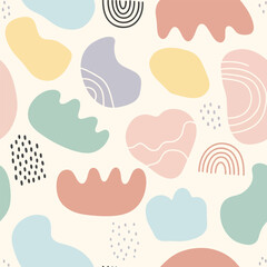 Fototapeta premium Playful pastel shapes seamless pattern in soft colors and organic forms design, patern seamless, Stock royalty image.