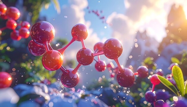 A vibrant illustration of molecules interacting within a natural, serene setting.  Reddish-pink spheres, linked by translucent stems, are suspended in mid-air, amidst foliage and cascading water.