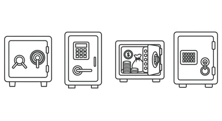 Set of four hand-drawn safes showing different security features and contents for valuables vector