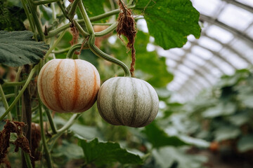Two pumpkins hanging in an indoor garden, showing the natural growth and beauty