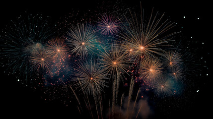 Naklejka premium Multiple colorful fireworks bursting in dark night sky