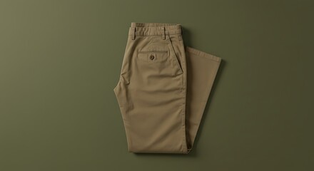 Mockup of folded khaki chinos trousers laid flat on a textured green background, studio shot for commercial usage