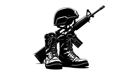 A solemn memorial featuring combat boots, rifle, and helmet, honoring fallen soldiers.