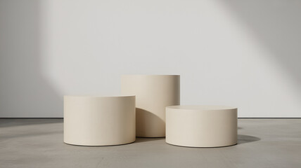 minimal abstract podium scene with round cream stage and geometric wall shadows, clean neutral background design for product display, presentation or branding template