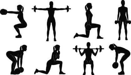Fitness woman silhouette workout with dumbbells and barbells, strength training poses, gym exercise illustration, fitness body training design