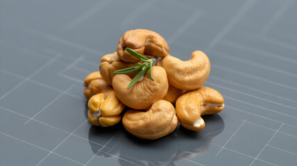 A pile of golden brown cashew nuts with a sprig of fresh green rosemary on a grey grid surface