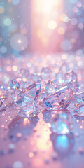 Scattered sparkling diamonds with dreamy pastel light reflection, luxury gemstone background for jewelry, wedding, glamour, celebration, and elegant design