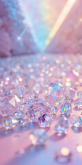 Scattered sparkling diamonds with dreamy pastel light reflection, luxury gemstone background for jewelry, wedding, glamour, celebration, and elegant design