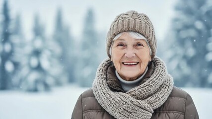 Joyful elderly woman with silver hair, wearing a knitted hat and scarf, standing in a snowy winter landscape, smiling cheerfully amidst falling snowflakes. - Powered by Adobe