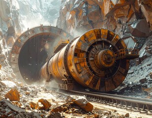 Tunnel boring machine excavates a new railway tunnel through rocky mountain terrain, showcasing engineering prowess and construction innovation in a challenging environment.