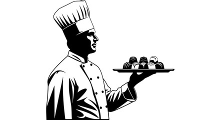 Chef in uniform holding a tray of desserts, side view, in black and white.