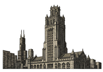 Illustration of Chicago Architecture Landmark Silhouette against Black Background