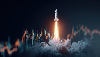 Rocket launch against a backdrop of financial charts