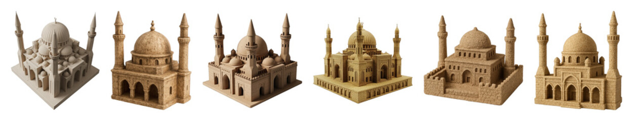 Mosque model set including diverse architectural styles and materials isolated. Islamic religious buildings collection.