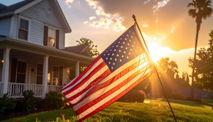 Naklejka premium An american flag waves proudly in the golden sunset light beside a classic home.