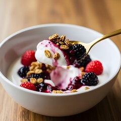 A mindful breakfast of probiotic yogurt with granola and antioxidant-rich berries, symbolizing the gut-brain axis and a serene morning ritual for mental wellness.
