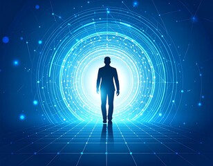 A figure walks through a glowing, futuristic portal of interconnected lines and dots, showcasing a concept of digital transformation and the future.