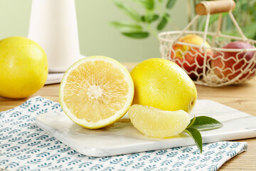 Fresh Golden Pomelo Citrus Fruits from Ganzhou Jiangxi China on Marble Board Kitchen Food Photography
