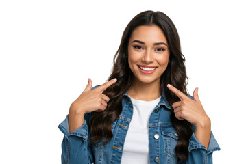 Smiling woman pointing at her teeth isolated on transparent background