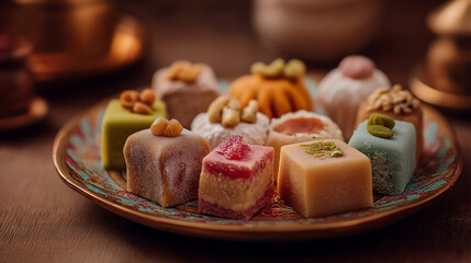 Assorted traditional Arabic sweets on decorative plate
