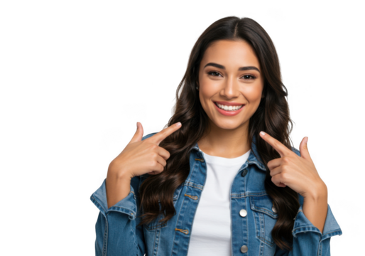 Smiling woman pointing at her teeth isolated on transparent background