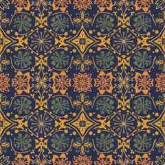Ornate floral pattern with symmetrical design and rich color palette, perfect for backgrounds, seamless pattern, royalty stock.