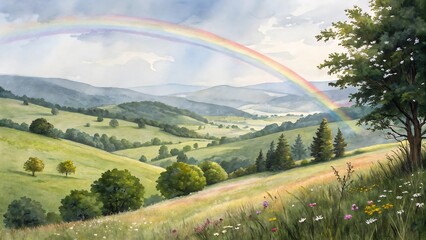 Obraz premium A vibrant rainbow arches over rolling green hills and a lush forest, evoking a sense of peace and natural beauty.
