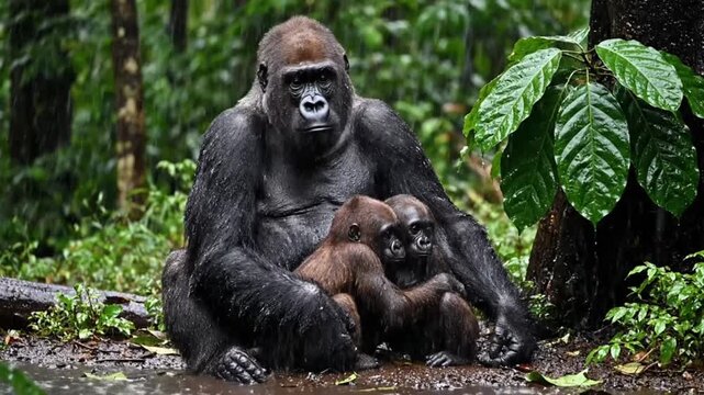 Heartwarming gorilla family sheltering together during a rain shower in a vibrant jungle habitat, showcasing wildlife affection and natural beauty