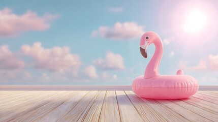 Inflatable pink flamingo float placed on wooden deck under bright summer sun with blue sky and soft clouds, outdoor poolside scene perfect for vacation promotion, travel ad, summer lifestyle campaign,