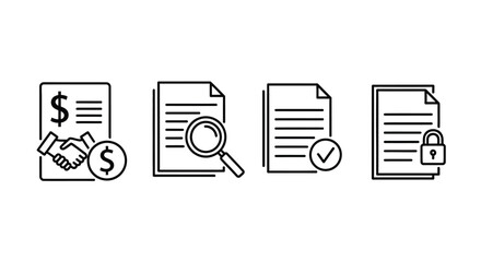 Business document icons set financial agreement search verification security and lock vector
