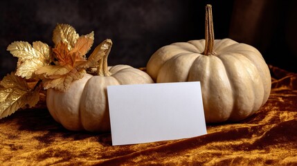 Elegant pumpkins with golden leaves on a rich, textured fabric backdrop, a blank card mockup for personalized messages or decorations.