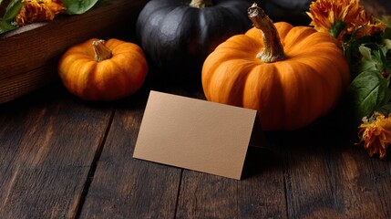 A cozy arrangement of vibrant pumpkins with a blank card mockup, set on a wooden surface, perfect for autumn decoration or seasonal marketing.