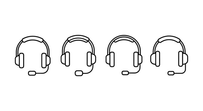 Set of four line art headset icons with microphones for communication and support services vector