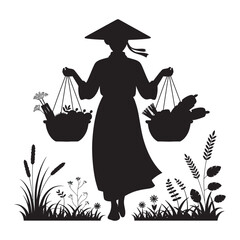 Silhouette of a Vietnamese Woman Carrying Baskets with Vegetables