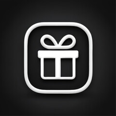 3D rendered outline icon of a gift box, white lines, representing celebration and presents on a black background with copy space
