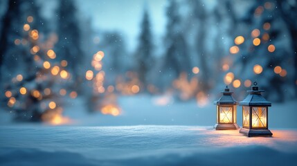 Snowy holiday landscape with glowing lanterns, blurred winter forest and frosty background, cozy warm atmosphere with festive Christmas and New Year copy space for text overlay