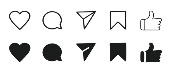 Set of generic social media user interface icons. Like, comment, share and save icons. Social media flat icons. Vector, flat outline icon isolated on white, 