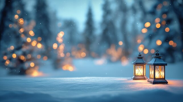 Snowy holiday landscape with glowing lanterns, blurred winter forest and frosty background, cozy warm atmosphere with festive Christmas and New Year copy space for text overlay
