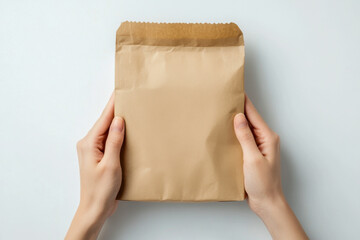 Two hands holding an empty brown paper bag on a white background. Simple blank craft package. Top view studio shot.