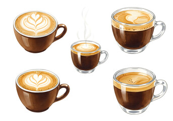 Illustration of Coffee Cups with Latte Art and Espresso on Transparent Background