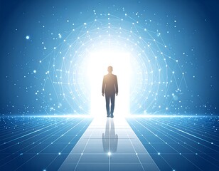 Obraz premium A person walks towards a bright future, a digital pathway leading to opportunities.