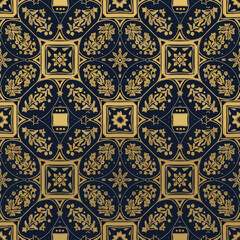 Ornamental pattern featuring gold floral and geometric designs on navy backdrop, seamless pattern, royalty free stock.