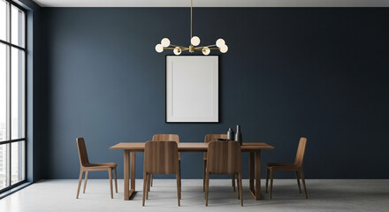 Mockup frame in modern dining room interior design with dark blue empty wall.
