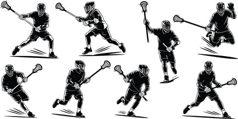 Lacrosse player silhouettes in action, dynamic lacrosse sport poses, male lacrosse athletes running, passing, shooting, wearing protective gear, helmet and gloves, black and white lacrosse vecto © kulsum creatives