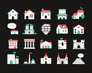  A versatile collection of vector illustrations featuring various architectural types, including houses, castles, and historical structures.