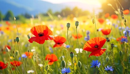 Fototapeta premium Vibrant poppies and wildflowers fill a sunlit meadow, showcasing a profusion of warm colors in a cheerful summer scene.
