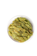 Green Xinjiang Raisins in White Bowl - Healthy Dried Fruit Snack on White Background